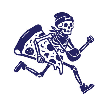Skeleton in beanie running with pepperoni pizza slice skeleton character pepperoni illustration fastfood junkfood takeaway delivery exercise lifestyle streetwear