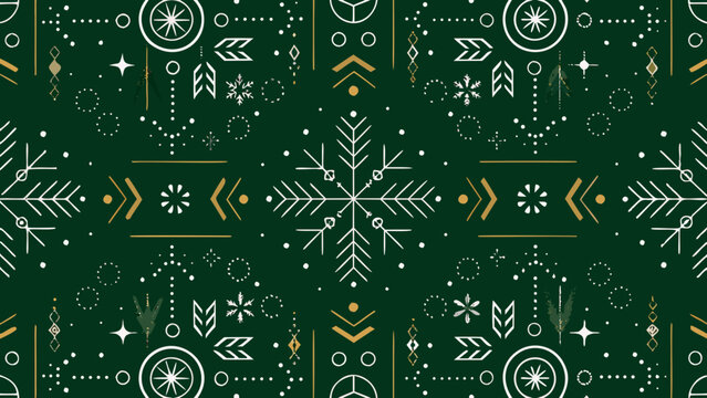 Winter holiday floral ornament pattern on dark green background