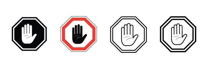 Stop Icon, Hand Stop and Road Sign Vector Graphic Featuring Editable Outline and Solid Styles for Prohibition, Safety, Warning, and Digital Design © ARIF AHMED 04