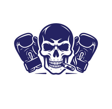 Skull wearing boxing gloves and smoking cigar with skeleton illustration champion aggressive training exercise strength competition skullart sporting knockout