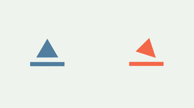 Abstract geometric composition featuring contrasting blue and red triangles positioned on horizontal bars