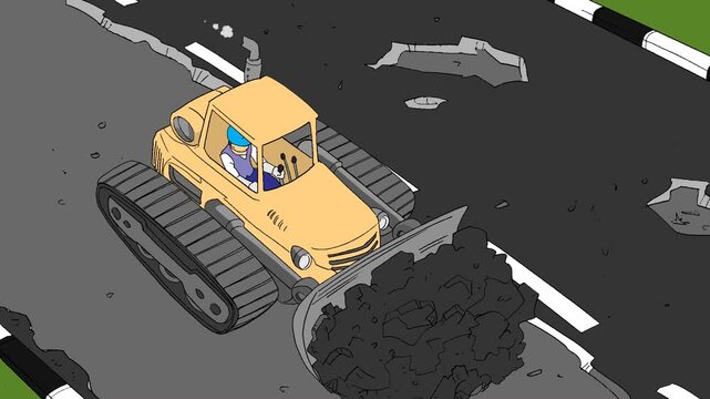 Animation of ripping and scraping old asphalt pavement for road construction