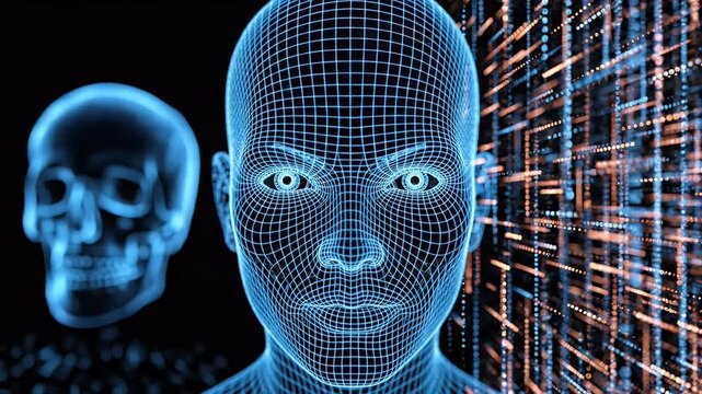 Blue Digital Human Face Surrounded by Data Streams.