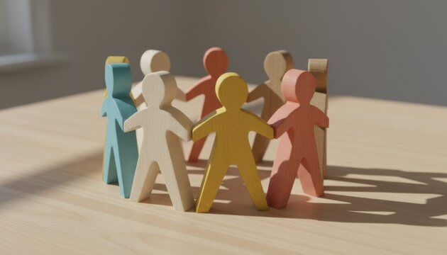 Group of colorful wooden human figures standing in a circle on a wooden table symbolizing unity and social collaboration among diverse individuals