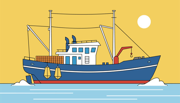 Blue fishing trawler boat sails on ocean water during calm sunset with large sun in the sky illustration.