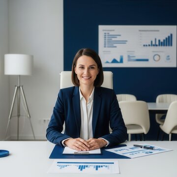 Professional Business Woman Smiling Confidently At Her Modern Office Desk