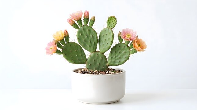 A blooming prickly pear cactus in a minimalist white pot.