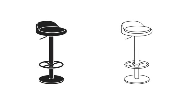 Modern bar stool vector icons, minimalist kitchen counter chairs in black and white line art, adjustable height swivel barstool set