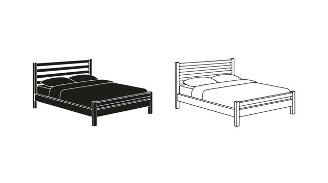 Minimalist bed frame vector icons, modern double bed furniture set, black and white bedroom interior design elements for floor plans