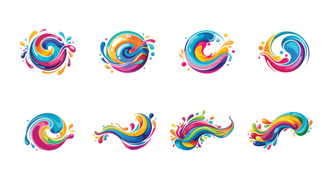 Vibrant Colorful Swirling Paint Splashes and Waves on White Background