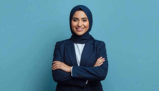 Smiling young professional woman wearing hijab and navy blue suit jacket standing with folded arms on blue background businesswoman professional portrait confident business corporate executive