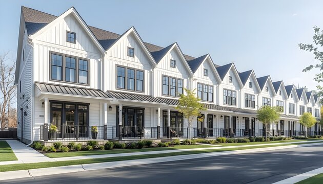 Row of modern white suburban townhouses with clean architectural design in bright daylight