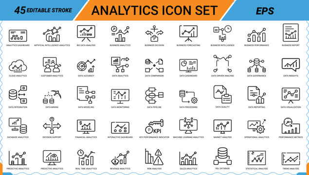 Set of 45 analytics thin line icons for web and any design. data analytics vector icons.
