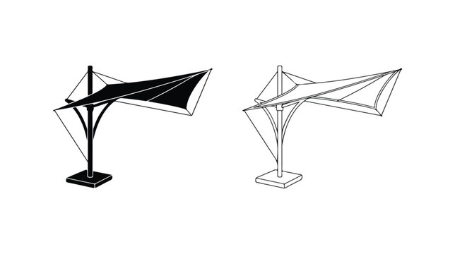 Modern cantilever patio umbrella vector icons, black and white outdoor sun shade canopy illustrations, minimalist garden parasol line art
