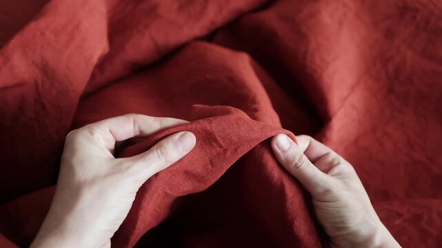 Female hands gently feeling and assessing the premium quality of a crumpled terracotta red linen fabric. Home textile, tailoring, sustainable fashion, clothing manufacturing, and organic materials