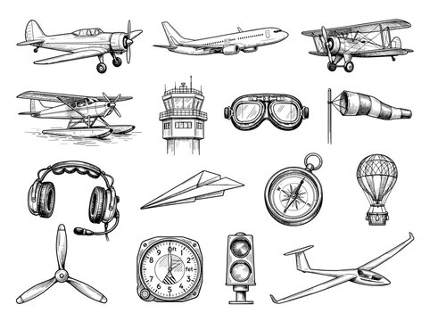 Hand drawn aviation set with airplane, jet, biplane, seaplane, and pilot gear on white background