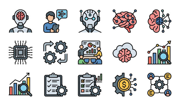 Artificial Intelligence Agent and Workforce Solid Vector Icon Set