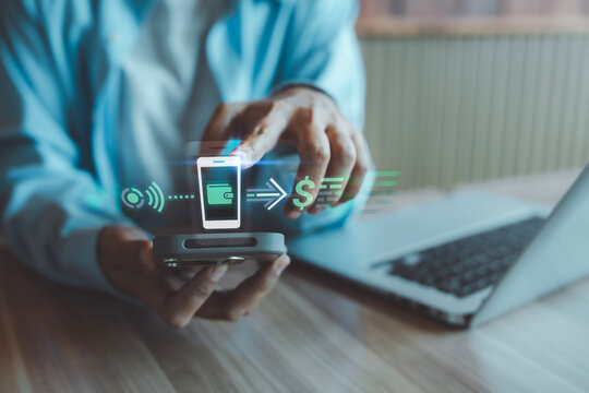 Cashless payment and digital transaction concept person pointing at smartphone with fast money transfer mobile wallet and contactless payment virtual hologram
