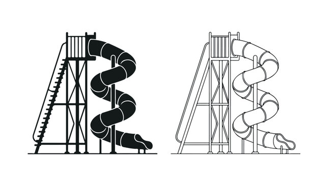 Spiral water slide vector icons, black silhouette and line art aquapark equipment, outdoor swimming pool playground slide for summer recreation