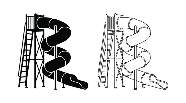 Spiral water slide vector icons, playground tube slide silhouette and line art set, outdoor recreation equipment for waterpark and pool design