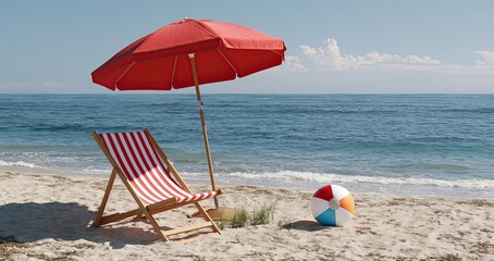 Fototapeta premium Striped lounge chair and red umbrella on a sunny beach with a colorful ball, perfect for summer relaxation.