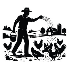 Obraz premium Farmer feeding chickens with grain in front of barn at farm