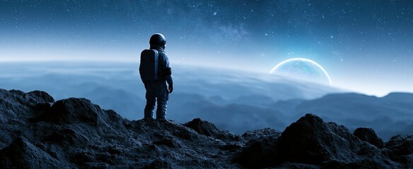 Fototapeta premium An astronaut explores a rugged alien landscape, observing a radiant colorful planet beneath a star-filled sky.