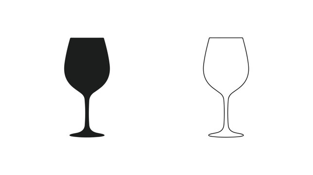 Minimalist wine glass icon set, black silhouette and thin line outline wineglass vector, elegant glassware symbols for restaurant menus and bar logos