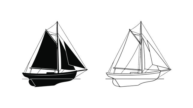 Vintage sailboat vector icons, classic sailing yacht silhouette and line art set, nautical vessel illustrations for marine branding and logo design