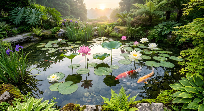 Beautiful pink and white lotus flowers blooming in a koi pond at sunrise