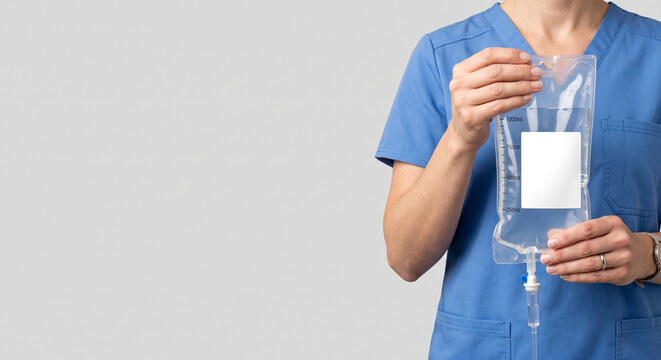 Nurse holding iv bag showing medical equipment for treatment and hydration in hospital or clinic setting for patient care.