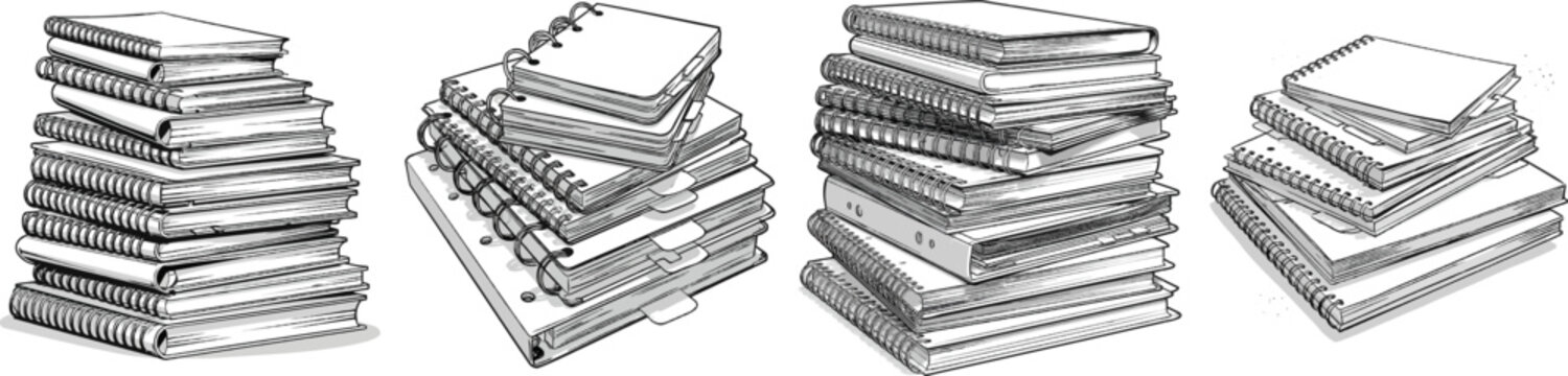 A neat stack of blank spiral-bound notebooks with plastic dividers is neatly arranged in a pyramid formation on a solid white background