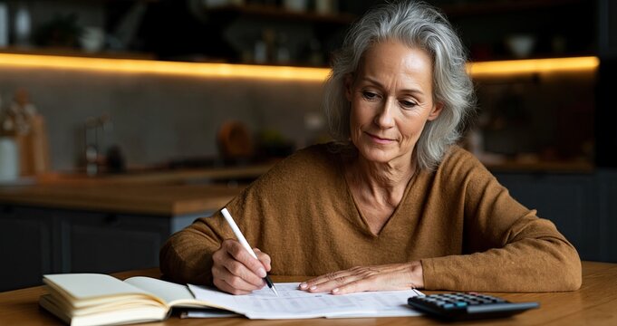 Elderly woman managing monthly expenses with notebook and calculator at cozy kitchen table.