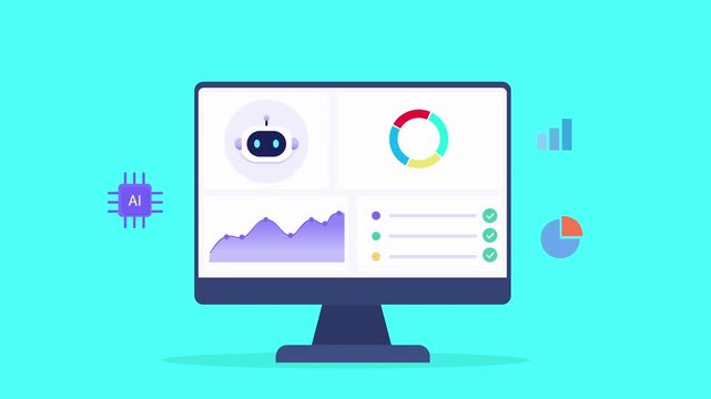 Animated flat vector dashboard featuring an AI assistant, analytics charts, and data visualization widgets. Modern technology animation for business intelligence, reporting, and digital workflow.