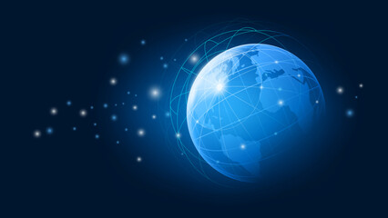 Fototapeta premium Abstract Global Network Technology Background with Glowing Digital Earth Globe, Blue Particle Light, Worldwide Communication Banner Vector Illustration