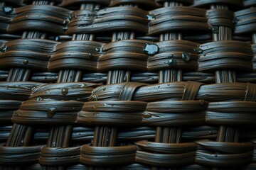 Obraz premium Woven texture, dark tones, wet surface. Detailed pattern creates visual interest, rustic feel. Closeup view emphasizes craftsmanship.