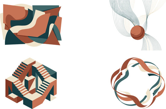 Abstract Geometric Concept Set with Impossible Stairs Optical Illusion Mobius Strip and Dynamic Wave Shapes for Surreal Fine Art Posters and Modern Corporate Branding Vector Designs