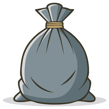 Cartoon gray trash bag tied with yellow string for waste disposal