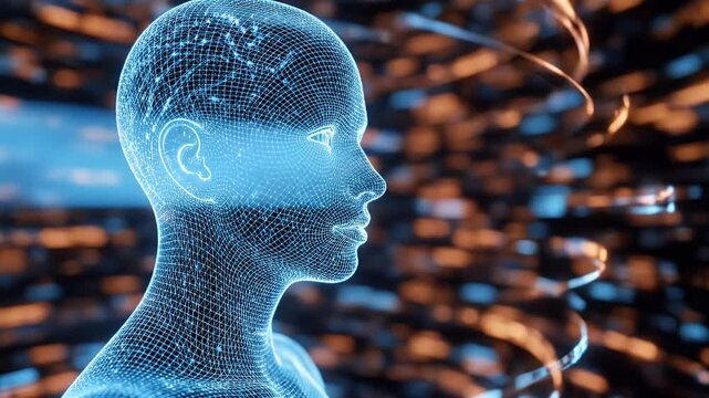 Futuristic Blue Holographic Head Visualization in Digital Network.