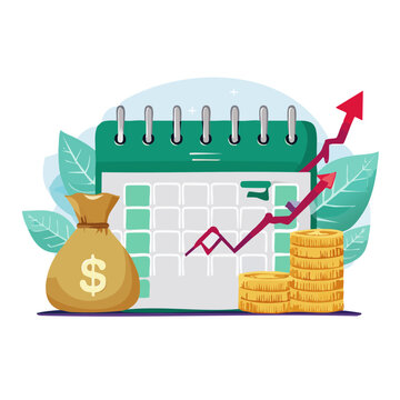 Financial growth calendar with money bag and coins