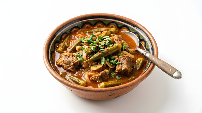 Rich Iraqi Bamia okra and lamb stew isolated on a white background. Ideal for Mediterranean and Arab culinary projects