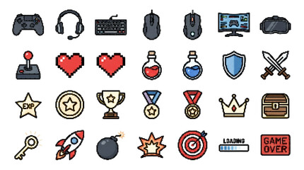 Pixel Art Gaming Icons and Retro Video Game Elements Set © Msbhai