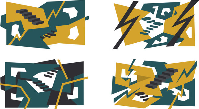 Abstract Surreal Geometric Architecture Concept Set with Optical Illusion Stairs Lightning Bolts and Floating Shattered Shapes for Modern Fine Art Poster Vector Graphic Designs