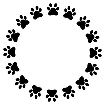 Paw print round frame. Dog paws circle border. Animal foot step border. Animal foot print template