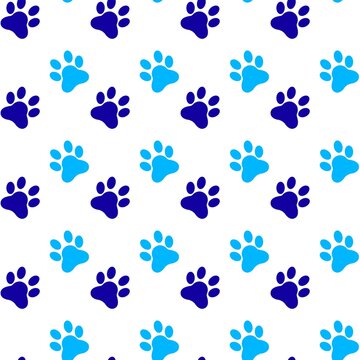 Seamless pattern with dog paws. Paw print pattern background. Animal foot step background. Doodle blue paw print repeat pattern