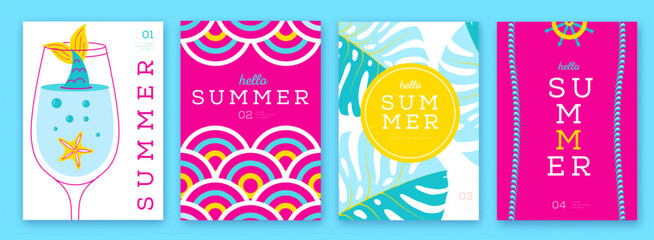 Naklejka premium Set of summer striped sea vacation posters or covers. Flat design. Mediterranean-themed summer vibe backgrounds. Vector illustration