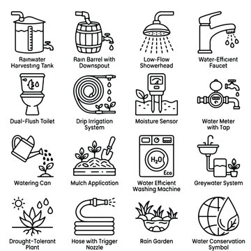 A collection of sixteen black and white line icons representing various water conservation methods and devices for sustainable living.