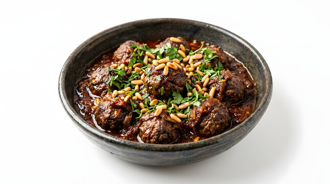 Savory Iraqi Dawood Basha meatball stew in tomato sauce isolated on white. Ideal for Arabic culinary projects