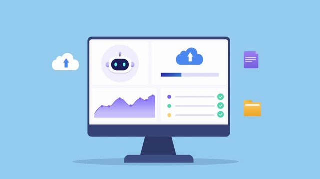 Animated flat vector dashboard featuring an AI assistant, analytics chart, cloud storage, and file management icons. Modern technology animation for data organization and digital workflow.
