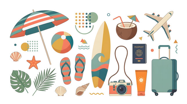 Summer Vacation Collection Elements Featuring Beach Accessories and Travel Items in Flat Vector Style